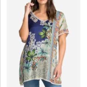 Johnny Was Marron Printed V-Neck Short-Sleeve Silk Tunic